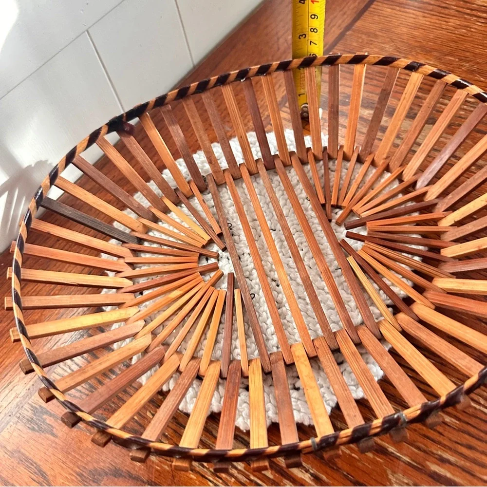 Vintage MCM bamboo wood slat basket oval shape